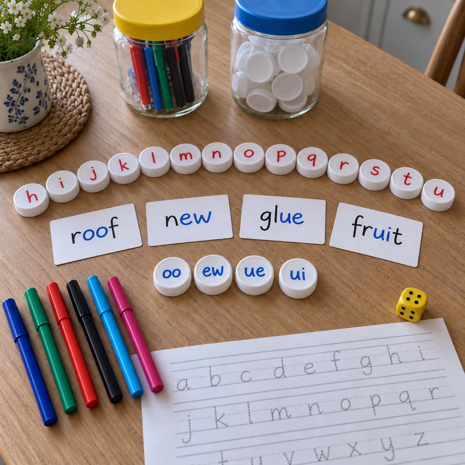 Bottle-cap letters and word cards laid out for a phonics session