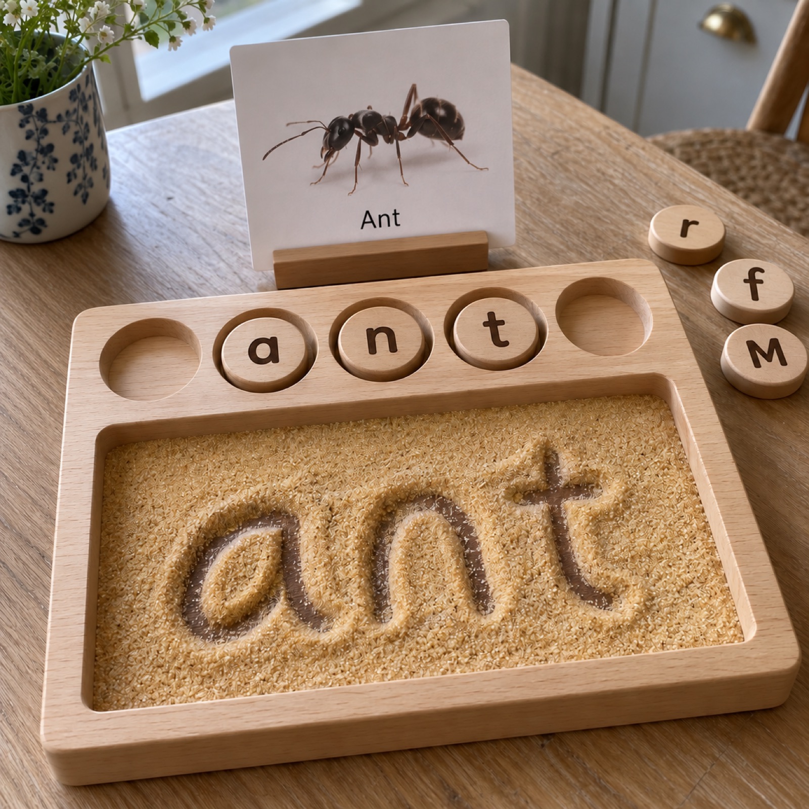 Wooden letter discs and a sand tray with the word ant traced in the sand